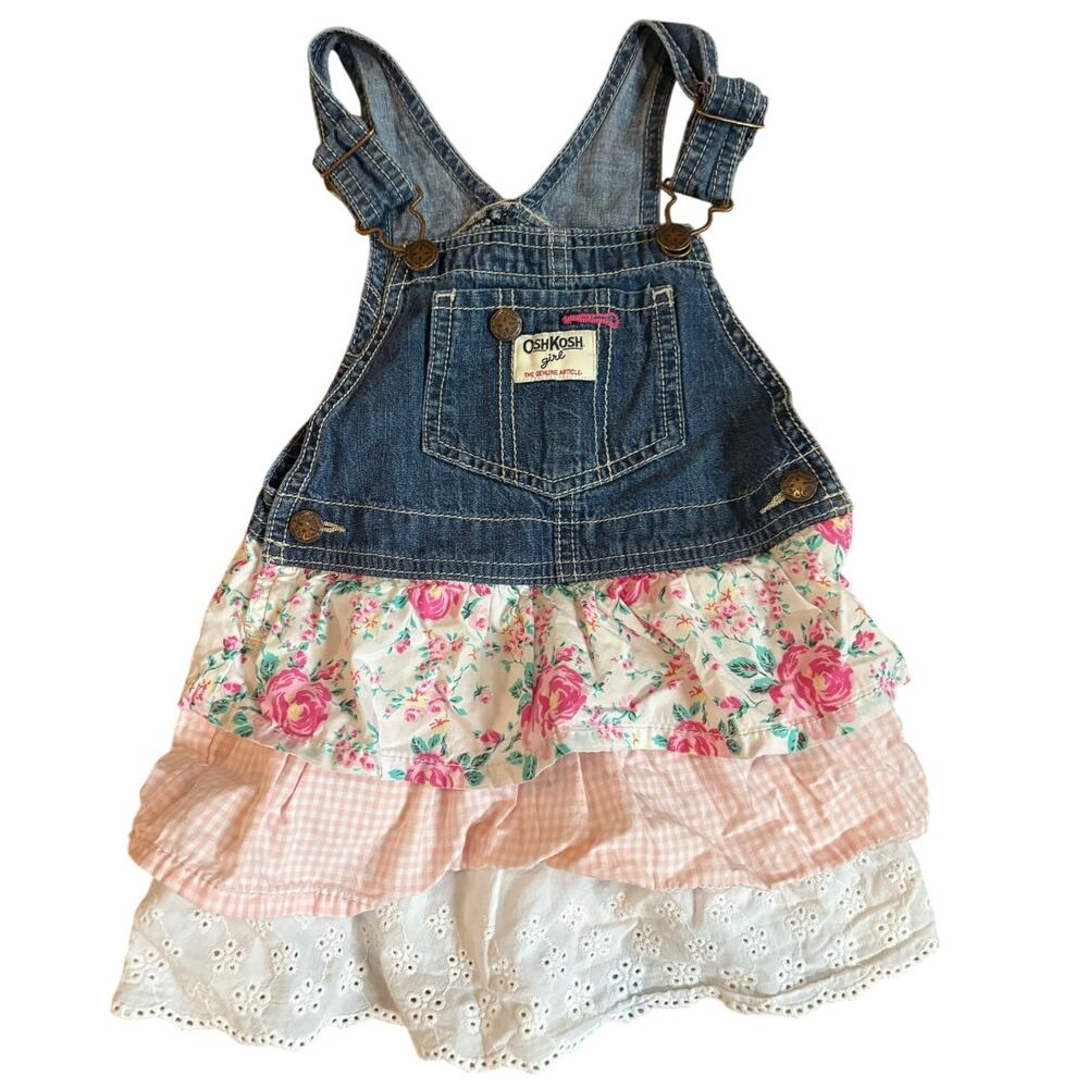Girls 4T Oshkosh Cotton Denim and Floral Print Gingham Eyelet Overall Dress EUC